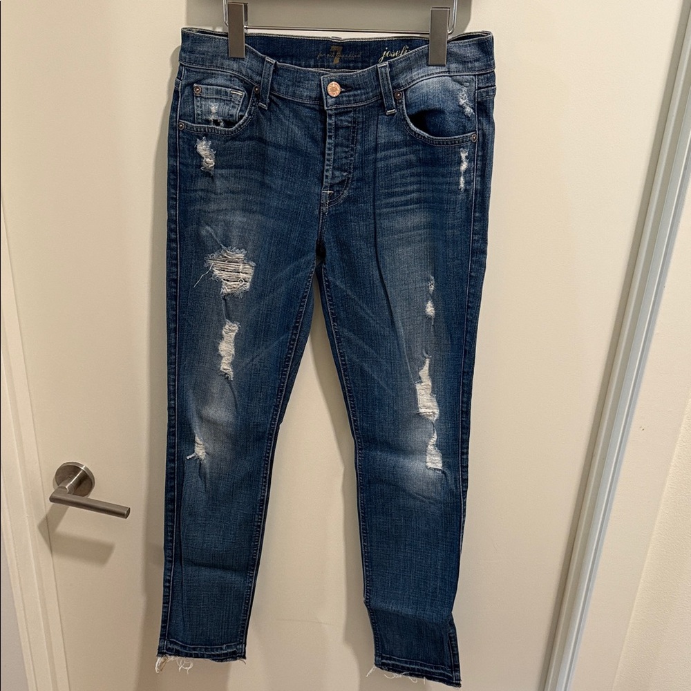 7 For All Mankind Dark Blue Distressed Cropped Jeans
